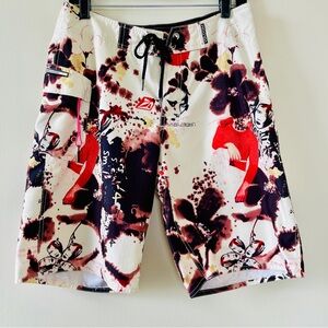 Men's VOLCOM Board Shorts in Ivory/Cream with Red and Black Graphics